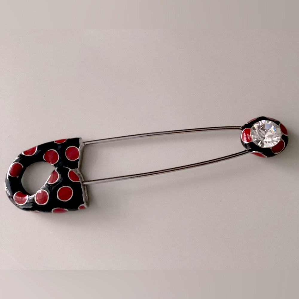 Vintage SONIA RYKIEL Gorgeous Safety Pin Polka Dot Brooch Rhinestone Made France